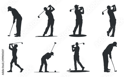 golf swing silhouettes, male players in various golf poses