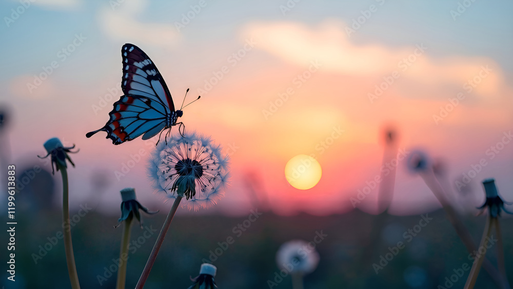 A beautiful butterfly gracefully flutters above a vibrant field filled with blooming dandelions as the sun begins to set in the background