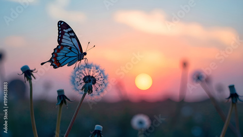 A beautiful butterfly gracefully flutters above a vibrant field filled with blooming dandelions as the sun begins to set in the background