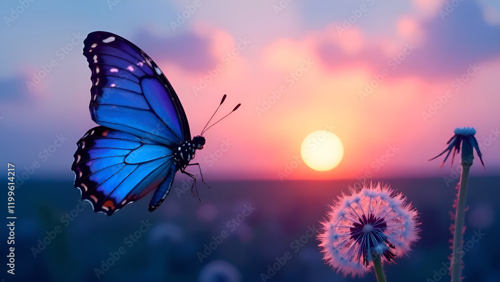A beautiful blue butterfly gracefully flutters above a vibrant field filled with blooming dandelions as the sun begins to set in the background