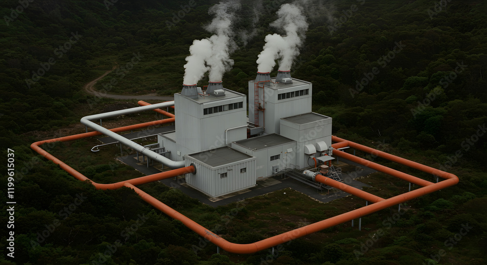 A Geothermal Power Station Surrounded By Lush Greenery And Minimal Infrastructure A Geothermal Power Station Surrounded By Lush Greenery And Minimal Infrastructure
