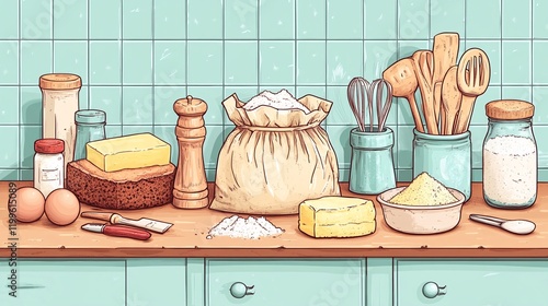 Cartoon kitchen setup with ingredients for baking a cake: butter, eggs, sugar, flour in a bag, plus utensils and tools, all in a vector illustration style. photo