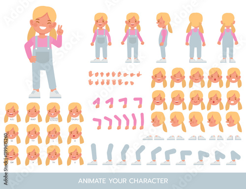 Kid view wear blue denim jumpsuit character vector illustration design. Create your own pose.