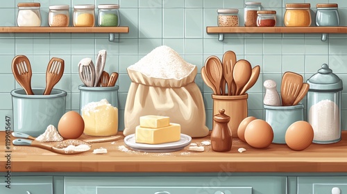 Vector illustration of a cartoon kitchen setup featuring baking ingredients like butter, eggs, sugar, flour in a bag, alongside utensils and tools for cake making. photo