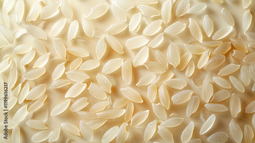 Close-up of uncooked rice grains scattered on a light beige background. Close-up of uncooked rice grains scattered on a light beige background.