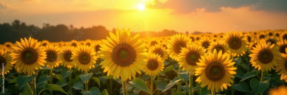 Obraz premium Sun-drenched sunflower field, long rays stretch across the scene , flora, sunflowers