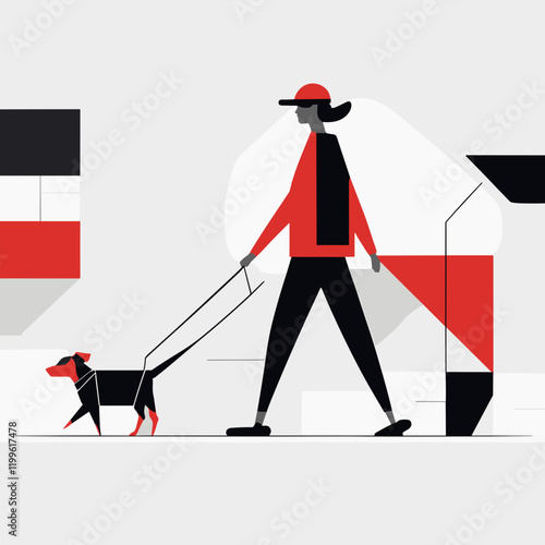 Woman walking a dog in a minimalist style with red and black colors
