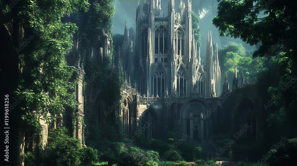 Overgrown Gothic Cathedral in Lush Forest Digital Art Overgrown Gothic Cathedral in Lush Forest Digital Art