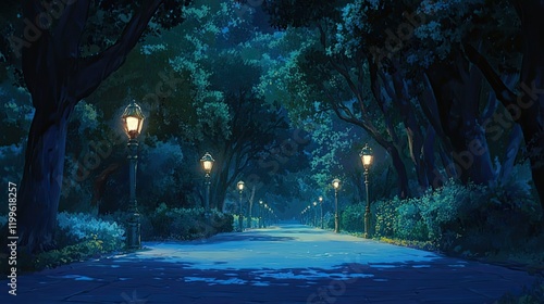 Nighttime Pathway Through a Dark Tree Lined Street photo