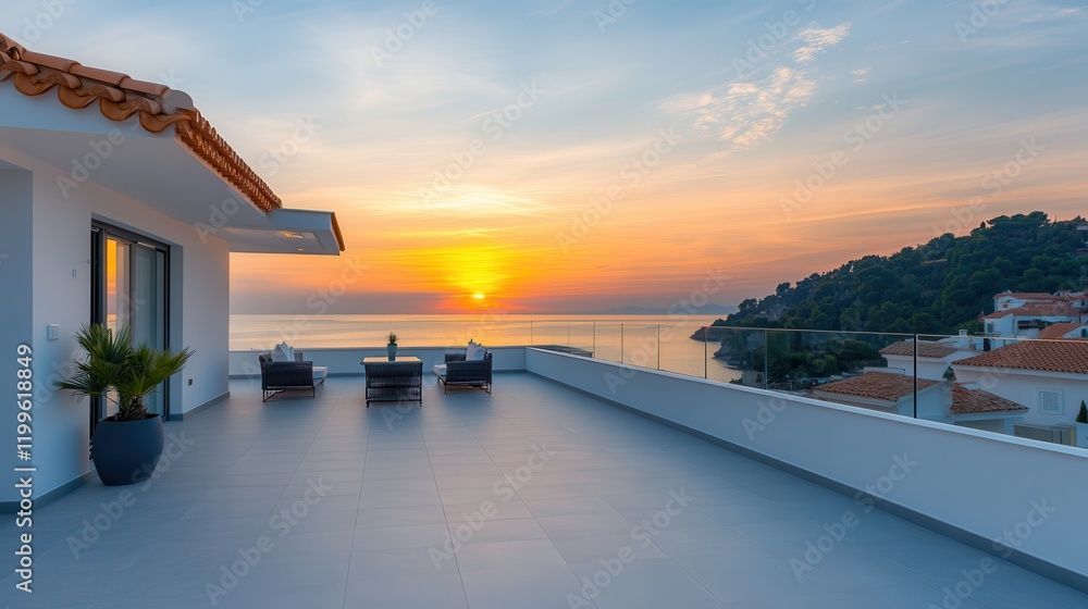 Fototapeta premium Luxury hotel interior showcasing exclusive architecture. Sunset view from a modern terrace overlooking the sea.