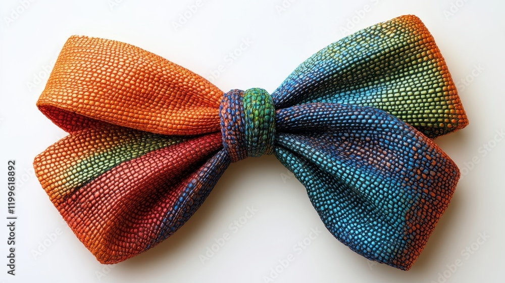 Vibrant Multicolored Bow Tie with Textured Fabric on White Background for Fashion and Style Concepts Vibrant Multicolored Bow Tie with Textured Fabric on White Background for Fashion and Style Concepts