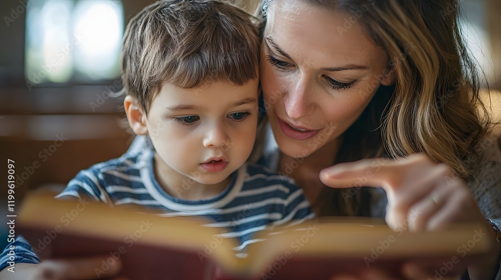 A close up view of a mother and her young child engaged in a shared reading moment at home the child listening intently as the mother points to the book A close up view of a mother and her young child engaged in a shared reading moment at home the child listening intently as the mother points to the book