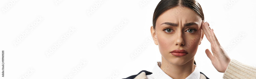 A young woman gazes intensely, conveying a blend of emotions amidst a simple backdrop. A young woman gazes intensely, conveying a blend of emotions amidst a simple backdrop.
