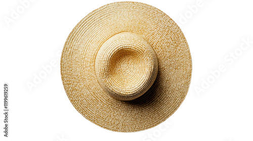 A top view of a stylish straw hat with a wide brim, perfect for summer outings or beach days, isolated on a white background.