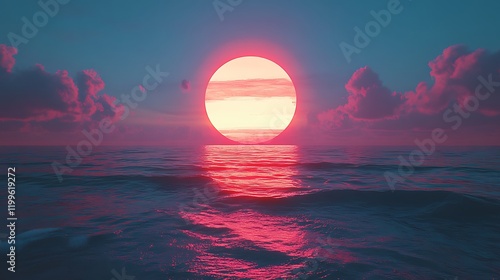 A Large Round Sun is Setting Over the Ocean with Its Warm Glow Reflecting on the Water photo