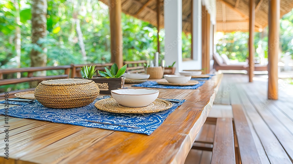 Fototapeta premium Tropical Outdoor Dining Table Setting Wooden Table Blue Placemats Woven Baskets