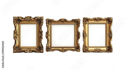 Elegant Ornate Gold Picture Frames: A trio of antique-style, ornate gold picture frames sit side-by-side,  awaiting the insertion of your cherished memories or artistic masterpieces. photo