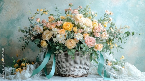 Elegant Floral Arrangement in Wicker Basket with Pastel Roses and Greenery Against a Textured Background
