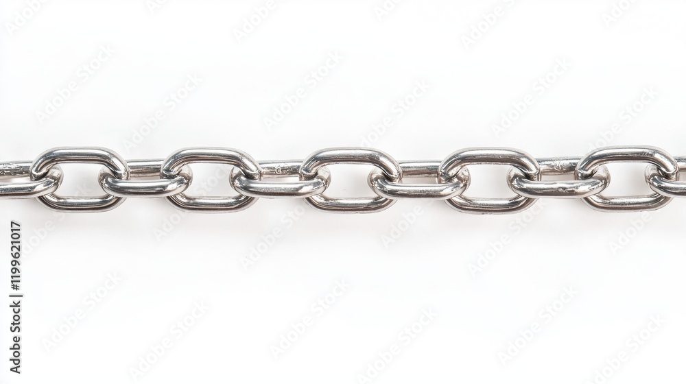 Long Metal Chain with Interlocked Links Isolated on White Background Long Metal Chain with Interlocked Links Isolated on White Background