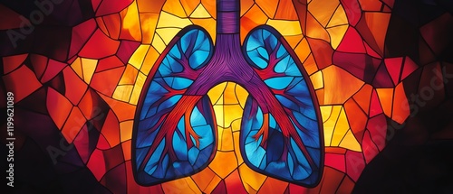 A dynamic stained glassinspired image of human lungs, with bright, vibrant colors and geometric shapes creating an artistic effect photo