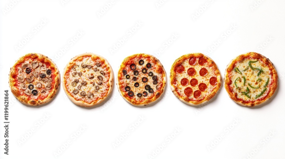 A Colorful Collection of Delicious Pizzas with Various Toppings Arranged Neatly A Colorful Collection of Delicious Pizzas with Various Toppings Arranged Neatly