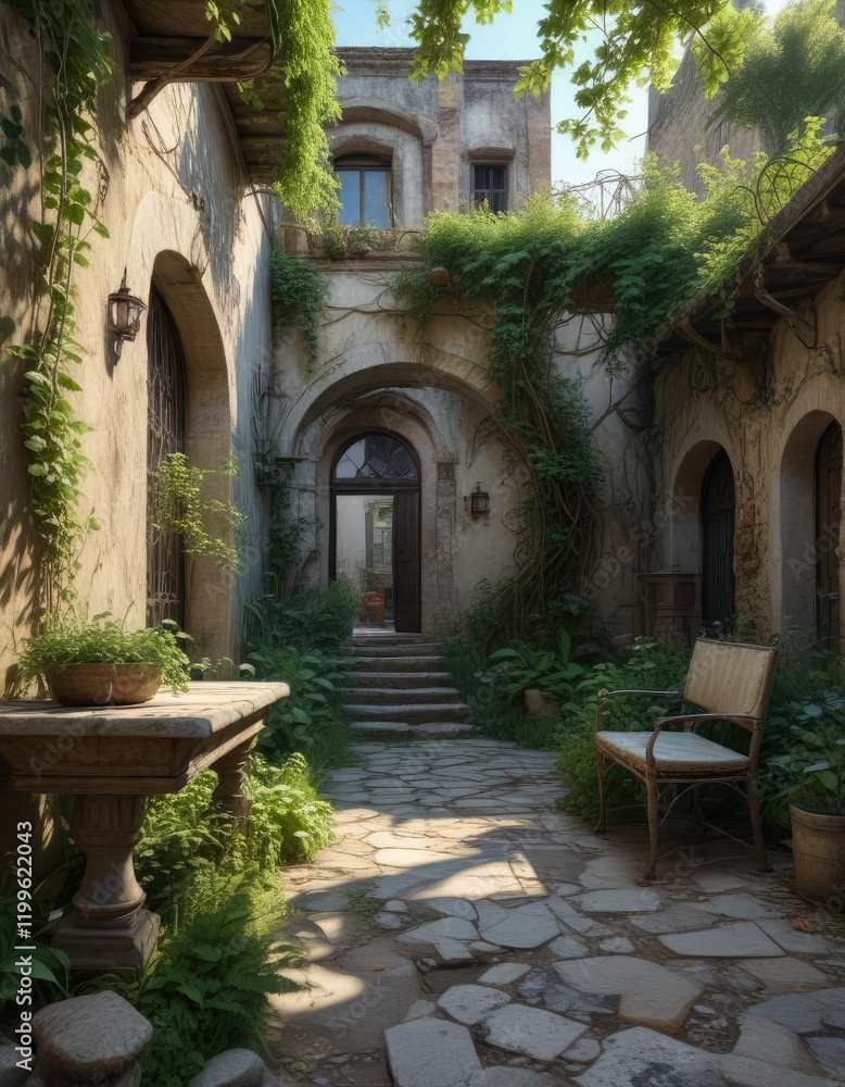 Naklejka premium A tranquil, overgrown courtyard with old stone furniture and vines in an abandoned alley, foliage, tranquil courtyard