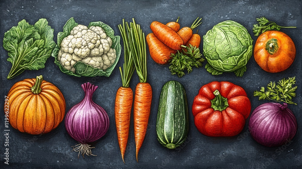 Color sketch set of vegetables: pumpkin, carrot, beetroot, Chinese cabbage, onions, zucchini, asparagus, cauliflower, and tomato. Color sketch set of vegetables: pumpkin, carrot, beetroot, Chinese cabbage, onions, zucchini, asparagus, cauliflower, and tomato.