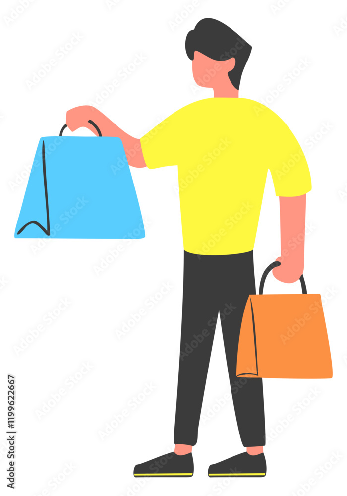 Man holding shopping bags. Rising up one of the bag. Faceless man flat vector. Black Friday shopping sale.Colored HD illustration SVG format vector graphic, editable 5 colors Man holding shopping bags. Rising up one of the bag. Faceless man flat vector. Black Friday shopping sale.Colored HD illustration SVG format vector graphic, editable 5 colors
