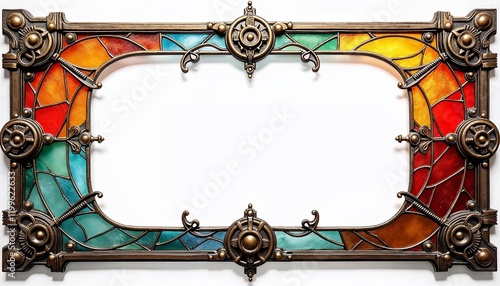 Steampunk stained glass frame, colorful panels with bronze mechanical patterns, transparent background