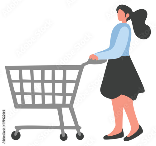 Woman grocery shopping with trolley. Empty shopping cart. Faceless flat vector. Black Friday shopping sale.Colored HD illustration SVG format vector graphic, editable 5 colors