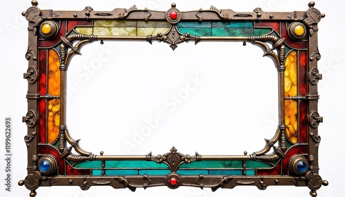 Steampunk stained glass frame, colorful glass panels with bronze mechanical features, transparent background