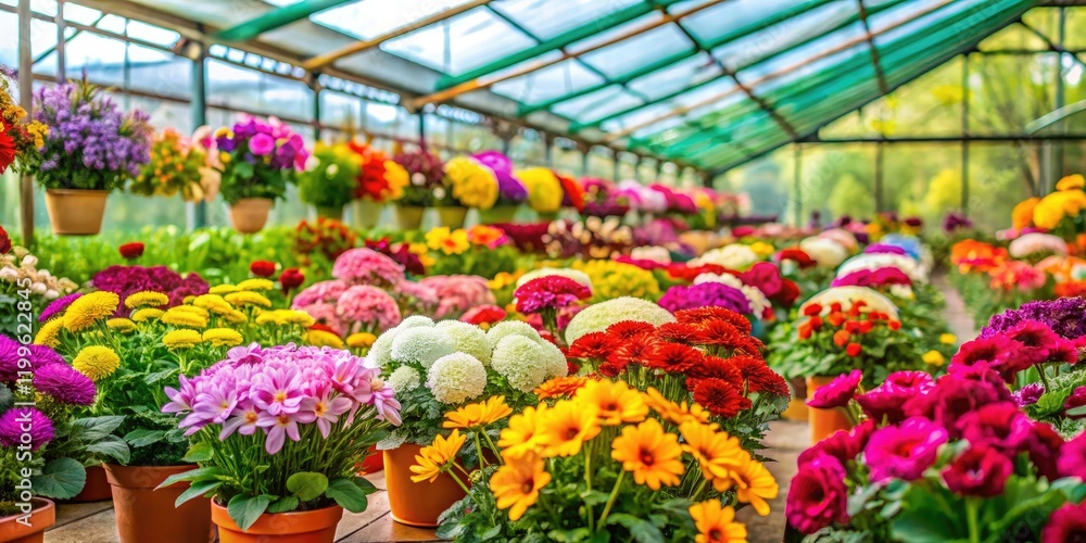 Fototapeta premium A vibrant and colorful array of flowers in a greenhouse against a bright green background, green house, greenhouse, horticulture, plant display, colorful blooms
