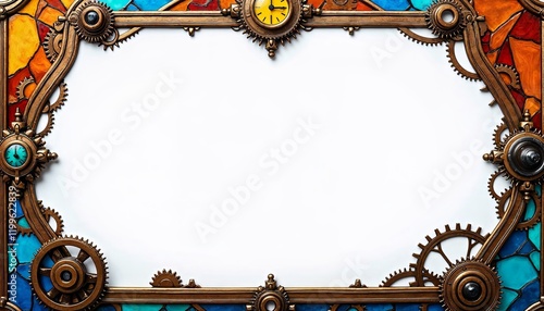 Steampunk stained glass frame with colorful panels and bronze mechanical gears, perfect for artistic displays or creative presentations