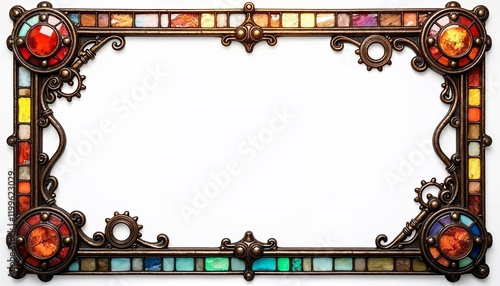 Steampunk stained glass frame, colorful glass panels with bronze mechanical borders, transparent background