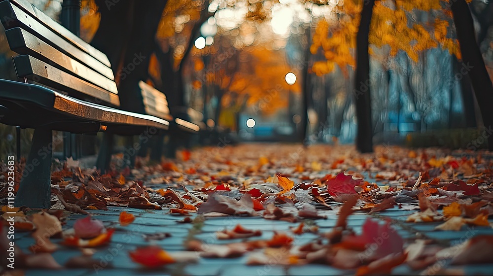 Autumn leaves scattered near a park bench Autumn leaves scattered near a park bench
