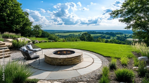 Stone fire pit with a circular seating area, surrounded by natural landscaping and open countryside views photo