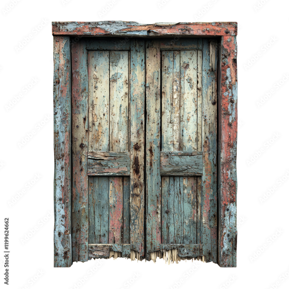 Naklejka premium Rustic Wooden Door with Peeling Paint and Texture Isolated on transparent background