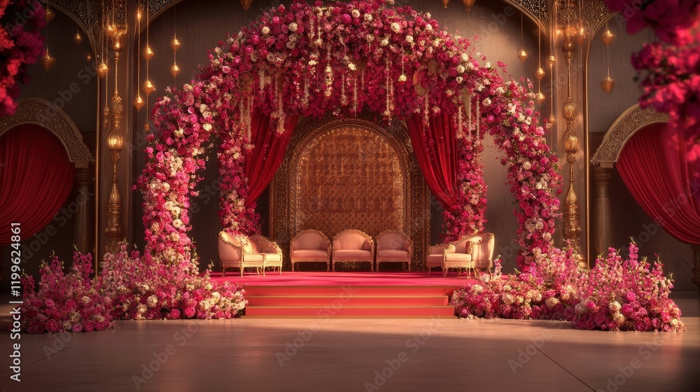 Fototapeta premium A beautifully decorated Indian wedding stage featuring vibrant flower arrangements.