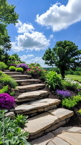 A rural yard featuring tiered retaining walls made of natural stone, adorned with cascading plants and flowers