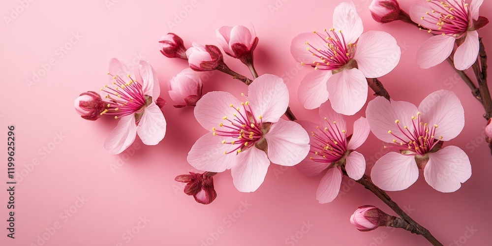 A flat lay of cherry blossoms on a pink background, symbolizing spring, beauty, and celebrations. Perfect for greeting cards, weddings, and feminine designs.