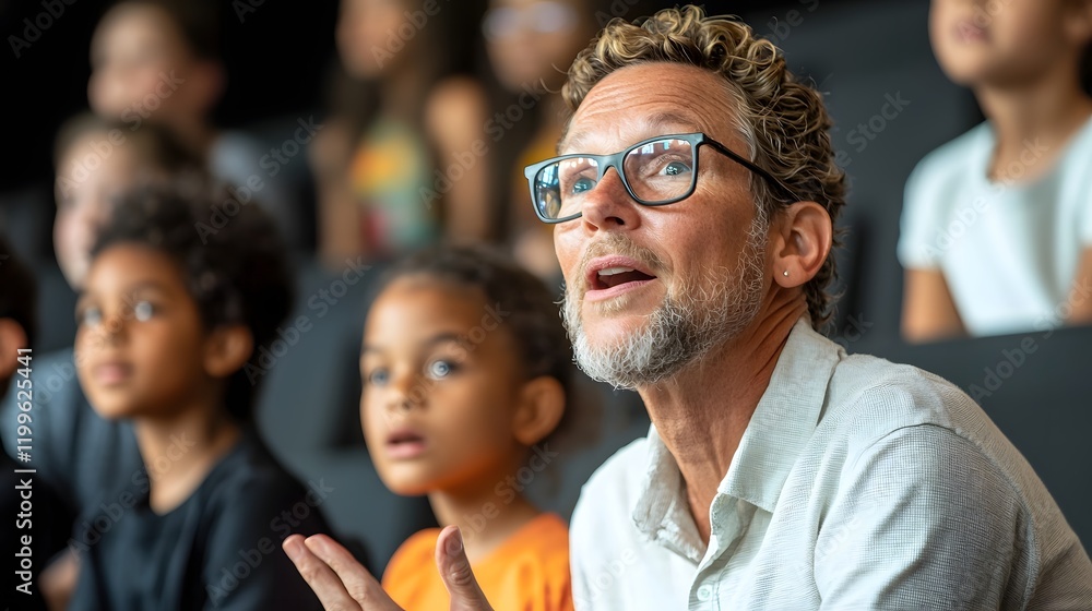 Obraz premium Experienced teacher demonstrating proper vocal technique and singing posture to a student in an educational classroom setting guiding them through a musical performance training session