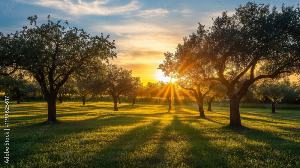 Sunset Illuminating a Field of Trees with Long Shadows Sunset Illuminating a Field of Trees with Long Shadows