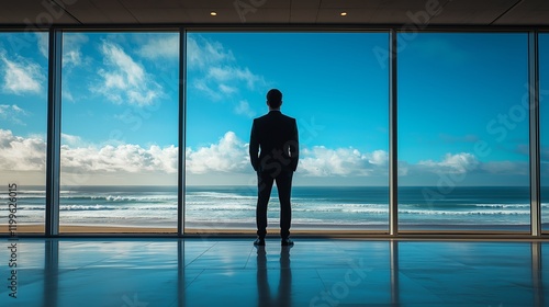 Businessman Gazing at Scenic Ocean View from Modern Office Window