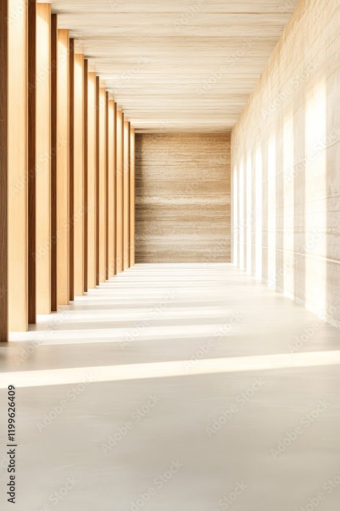 Fototapeta premium Modern architectural interior with wooden columns and natural light during daylight hours