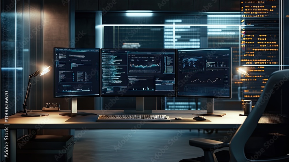 Modern Workstation with Triple Monitors Displaying Data Modern Workstation with Triple Monitors Displaying Data