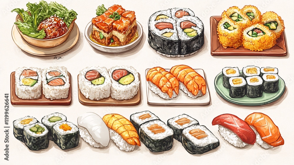 Fun and colorful Japanese food cartoon set, including sushi, ramen, tempura, and other popular dishes in a whimsical design. Fun and colorful Japanese food cartoon set, including sushi, ramen, tempura, and other popular dishes in a whimsical design.