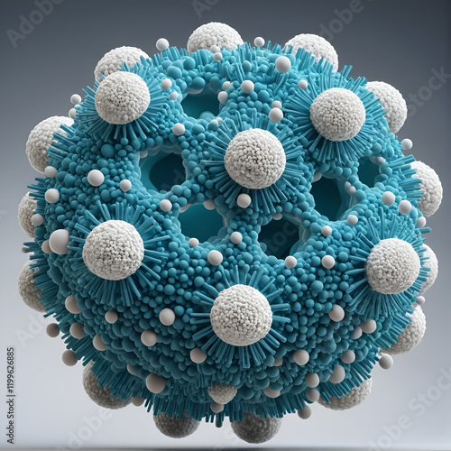 Yeast 20S proteasome particle in complex with the proteasome activator. Proteasomes are protein complexes that perform controlled degradation of other proteins. Space-filling model. photo