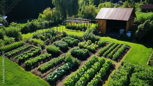 Quaint vegetable garden with neat rows of crops, trellises for climbing plants, and a small wooden tool shed