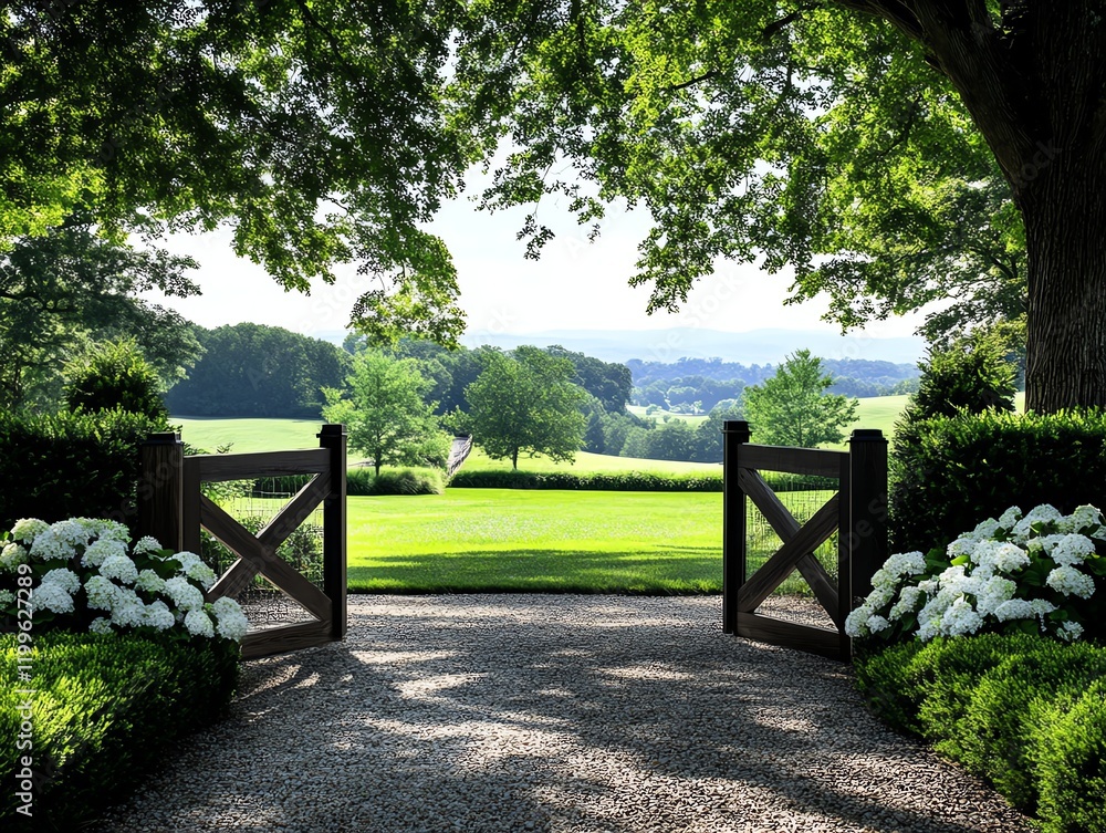 Naklejka premium Rustic entryway with wooden gates, flanked by hedges and seasonal flowers, creating a welcoming rural vibe