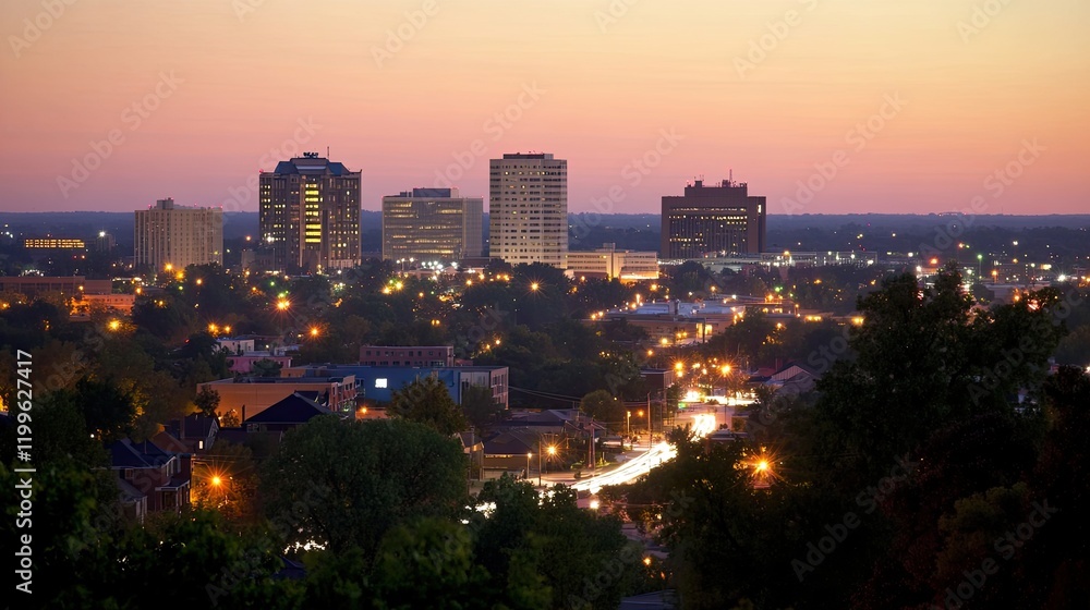 Cityscape at Twilight Showing Illuminated Buildings and Roads Cityscape at Twilight Showing Illuminated Buildings and Roads